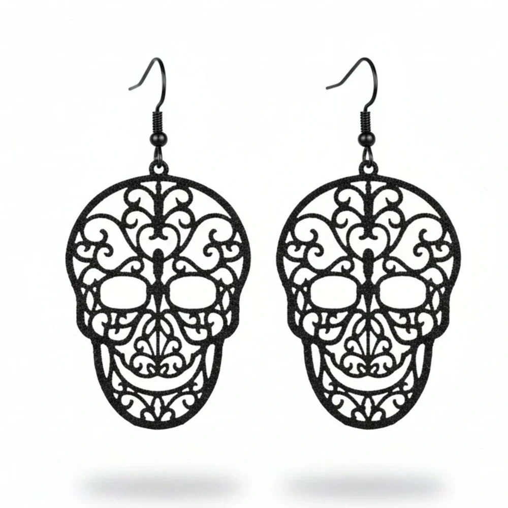 Black Filigree Sugar Skull Dangle Earrings Halloween Gothic Costume Jewelry